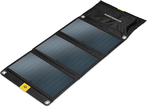Powertraveller Falcon 21: Caricatore solare pieghevole portatile da 21 Watt - Uscite USB 5V e 20V DC, resistente agli spruzzi e robusto - Fashionser