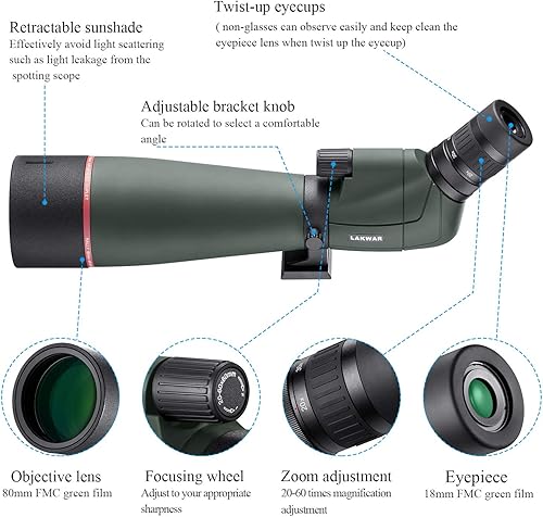 LAKWAR Cannocchiale per Cellulare, 20-60x80AE, Professionale Rivestito FMC, con Supporto Cellulare + Cavo Controllo Otturatore, Adatto per Osservazione Uccelli, Tiro Sportivo e Campeggio - Fashionser