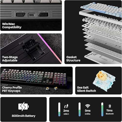 EPOMAKER TH108 Tastiera Meccanica Full Size, Tastiera da Gioco Wireless con Batteria da 8000mAh, Creamy Gasket, 108 Keys, Hot Swap, Custom Driver, RGB Backlight (Nero, Sea Salt Silent) - Fashionser