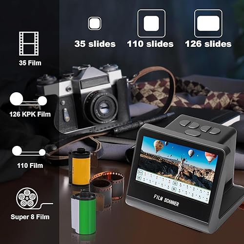 Scanner di Pellicola Digitale, Scanner di Film e Diapositive da 22 MP con Schermo LCD da 5 Pollici, Convertite Color e B/W Negativi e Diapositive 35mm/126 110 Film su Digital Foto - Fashionser