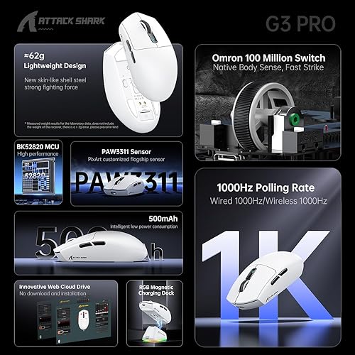 ATTACK SHARK G3PRO Gaming Mouse with Magnetic Charging Dock, PixArt PAW3311 Gaming Sensor, BT/2.4G Wireless/Wired Gaming Mouse, 25000 DPI, Gamer Mice for Win11/Xbox/PS/Mac (White) - Fashionser