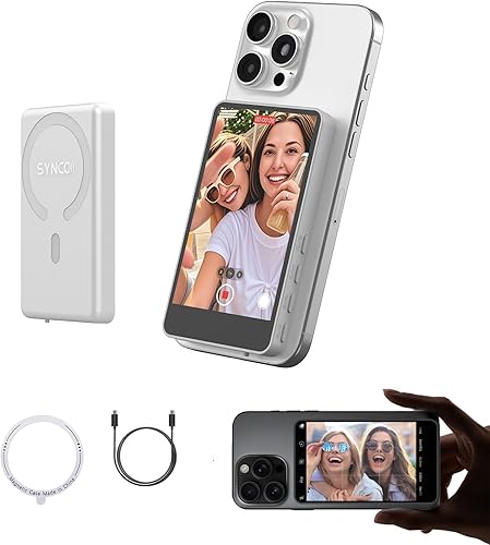 SYNCO XView M4 Selfie Monitor Screen - P2P Direct Connection Ultra-Low Latency Selfie Back Camera Monitor iPhone, with Magnetizing Sheet, 3-Hour Battery Life, Compatible with iOS and Android (White) - Fashionser