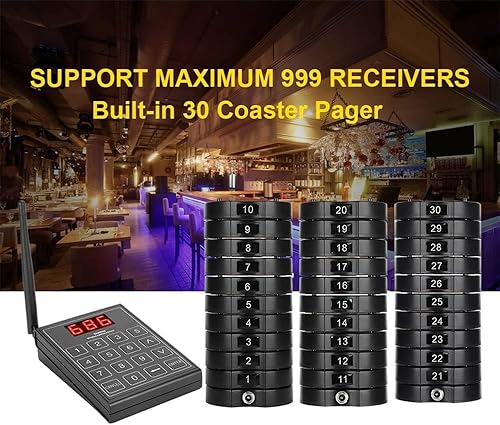 Sistema cercapersone Ristorante, Tastiera di Chiamata da 1 Pezzo 999 canali + sottobicchieri da 10/20/30 Pezzi, 3 modalità di Chiamata, Sistema di Chiamata Wireless in Coda (30pagers) - Fashionser