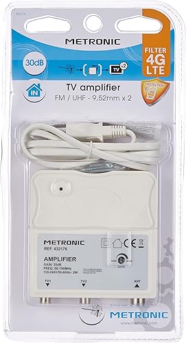 432176 - Amplificatore da interno con regolazione di guadagno FM-UHF, guadagno regolabile fino a 30 dB, protezione 4G, prese TV, diametro 9,52 mm, colore: Bianco - Fashionser