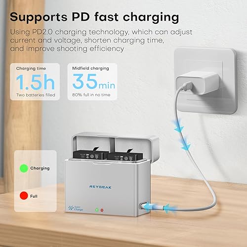 REYGEAK Batteria e caricatore per DJI Osmo Action 5 Pro/Action 4/3, confezione da 2 batterie con 2 porte, ricarica rapida PD, batteria ricaricabile da 2100 mAh, per DJI Action 5/4/3 - Fashionser