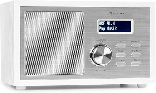 auna Ambient - Radio DAB+/FM, Streaming Bluetooth: Versione 5.0 con Supporto A2DP, Radio: DAB/DAB+/FM, Display LCD, AUX-In, Connessione Cuffie, Effetto Legno, Bianco - Fashionser