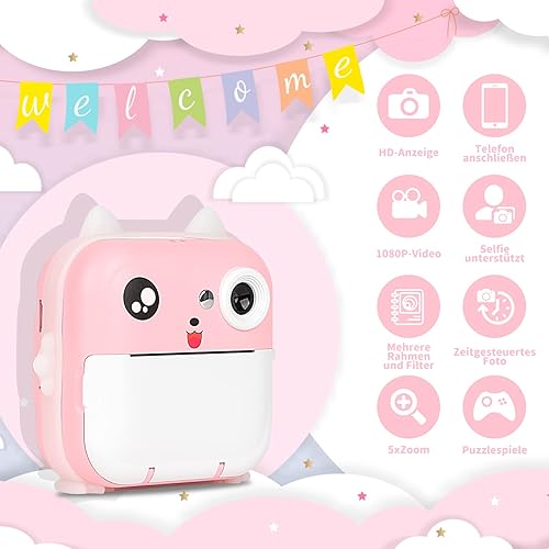 Macchina Fotografica Bambini Istantanea,Fotocamera HD 2,4 Pollici con Rotoli di Carta da Stampa Pennelli e adesivi fotografici Regalo - Fashionser