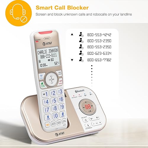 AT&T 4 - Telefono senza fili espandibile Bluetooth DECT 6.0 per la casa con segreteria, blocco chiamate intelligente, ID chiamante, citofono e connessione Bluetooth - Fashionser