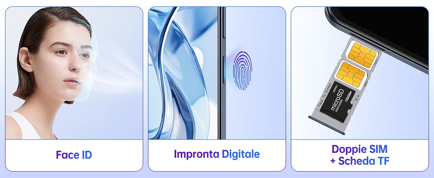 Presentate le funzionalità dello smartphone: sistema di riconoscimento facciale, sensore di impronte digitali e doppio slot per schede SIM con spazio per l'espansione della scheda microSD
