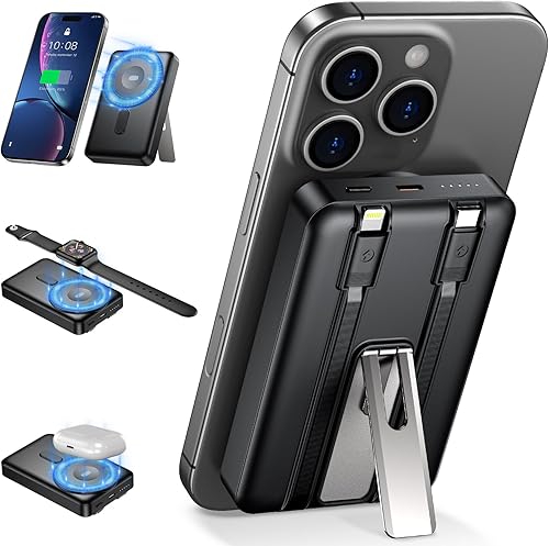 Power Bank 10000mAh con Cavi Integrati 22.5W USB A & 20W USB C Caricatore Portatile Carica Rapida Batteria Esterna 3 in 1 pieghevole Powerbank per iPhone 16/15/14/13/12, Ipad Iwatch- Nero - Fashionser