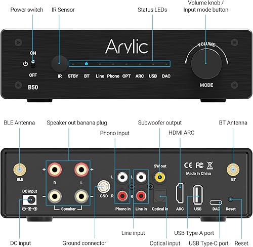 Arylic Amplificatore B50 con Bluetooth, amplificatore stereo, 2 canali 50 W*2 Home Audio AMP, con HDMI, ARC, Opt, DAC, ingresso Phono. Supporta la trasmissione e la ricezione di musica ad alta - Fashionser