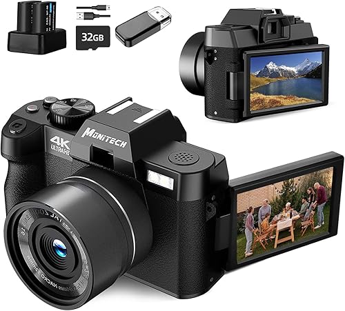 Monitech Videocamera digitale Monitech per fotografia e video, videocamera per vlogging 4K 48MP per YouTube con schermo ribaltabile a 180°, zoom digitale 16X, scheda TF da 32 GB, 2 batterie - Fashionser
