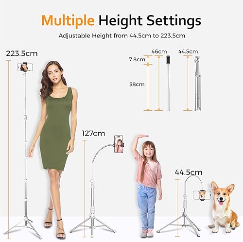 Aureday Treppiede per cellulare, 225 cm, con tubo flessibile da 38 cm, girevole a 360°, telecomando Bluetooth e supporto per iPhone, telefoni Android e fotocamere (argento) - Fashionser