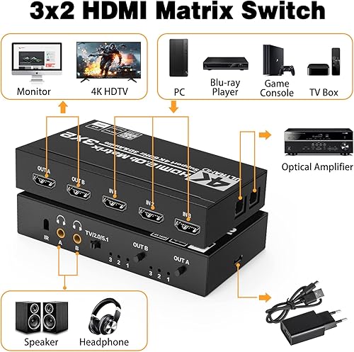 Matrix HDMI 3x2 - Tendak 3 in 2 Out Commutatore HDMI Matrix 4K@60Hz HDMI Splitter SPDIF + 3,5mm Stereo Estrattore Audio Supporta HDMI 2.0 HDCP 2.2 HDR 3D con Telecomando IR - Fashionser