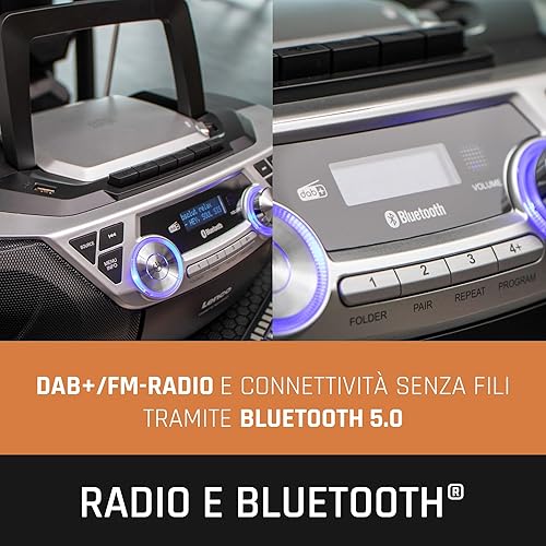 Lenco SCD-720 – Boombox DAB+ – Bluetooth 5.0 – lettore CD/MP3 – ponte cassette – radio FM – porta USB – 2 x 6 Watt RMS – Bass Reflex – telecomando – argento - Fashionser