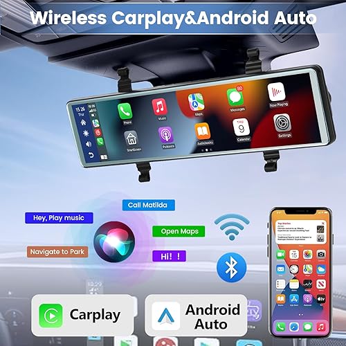 Specchietto Retrovisore Auto con Senza Fili Carplay e Android Auto - 11,26 Pollici IPS Dash Cam specchietto con Doppia Telecamera Anteriore e Posteriore Controllo Vocale Bluetooth FM AUX+64GB Card - Fashionser
