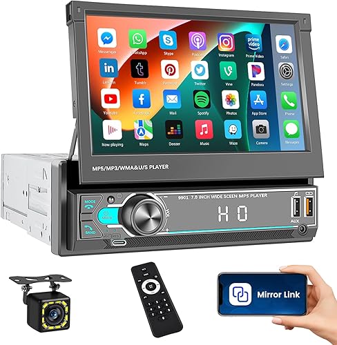 Inefala Autoradio 1 DIN con Schermo a Scomparsa, 7 Pollici Touchscreen Stereo Auto Bluetooth con Mirror Link Radio FM EQ 2USB+Type-C AUX SWC +Retrocamera+Telecomando - Fashionser