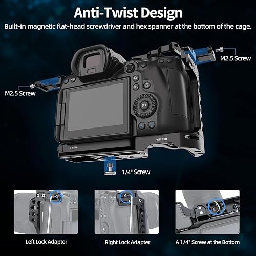 Gabbia Compatibile con Canon EOS R6 Mark II/ R5 C/ R5/ R6 Fotocamera, Camera Cage con Guida NATO Integrata, Doppia Cold Shoe e Piastra Sgancio Rapido Arca - T-C04A - Fashionser