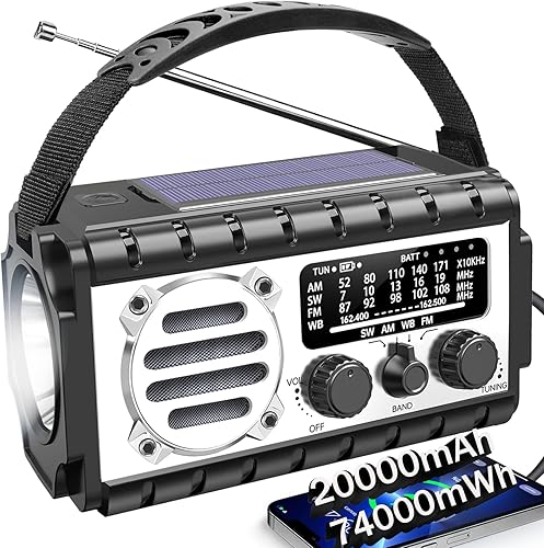 QAUYYW Radio di emergenza, radio meteorologica da 20000 mAh/74000 mWh, radio a manovella solare con allarme meteo AM/FM/NOAA/SW, torcia elettrica e lampada da lettura, allarme SOS, caricabatterie per - Fashionser