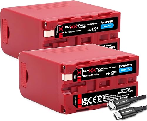Baxxtar PRO NP-F970 batteria 10A max (2X 10500 mAh) con ingresso/uscita USB-C PD 20W - Uscita USB-A 2A per NP-F990, NP-F980, NP-F960, NP-F950, NP-F750 - Compatibile con videocamere, luci a LED - Fashionser