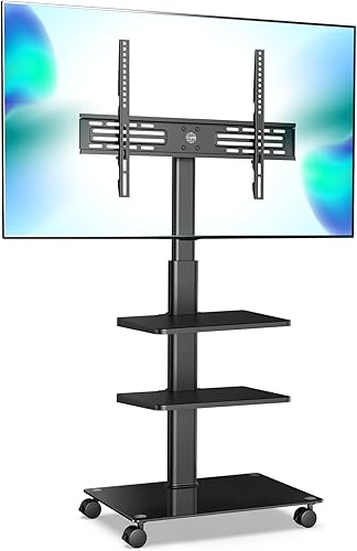 FITUEYES Carrello TV con Ruote per 32-60 Pollici TV, 70° Girevole & 8 Altezza Regolazione Supporto TV da Pavimento con Ruote & 2 Ripiano, Alto Carrello Porta TV con Ruote, Max VESA 600x400mm 30kg - Fashionser