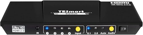 HDMI Switch TESmart Switch HDMI 4 in 1 out, Commutatore HDMI supporta 4K@60Hz, HDMI Interruttore 4 porte con uscita audio e telecomando IR, Ultra HD, HDR, compatibile con TV/Xbox One/PS4/PS3(Nero) - Fashionser