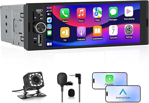 Hexinex Autoradio 1 DIN con schermo Wireless CarPlay e Android Auto FM Bluetooth AUX Tipo-C Telecamera posteriore - Fashionser