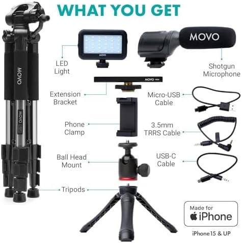 Movo uVlogger Kit Vlogging Compatibile Android/USB-C/iPhone 15 con Treppiede Grande - Kit Iniziale YouTube per Creatori di Contenuti - Accessori: Treppiedi, Supporto Telefono, Luce, Microfono Shotgun - Fashionser