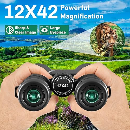Binocolo per adulti, Kussla 12 x 42 HD, binocolo ad alta potenza, con treppiede, adattatore per telefono, visione notturna chiara con luce bassa, binocolo impermeabile per Stargazing Bird Binoculars - Fashionser