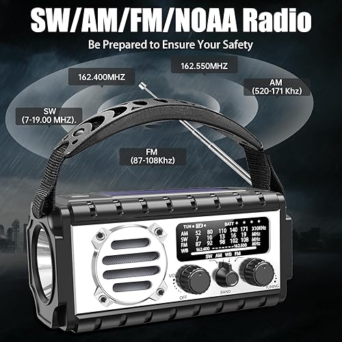 QAUYYW Radio di emergenza, radio meteorologica da 20000 mAh/74000 mWh, radio a manovella solare con allarme meteo AM/FM/NOAA/SW, torcia elettrica e lampada da lettura, allarme SOS, caricabatterie per - Fashionser