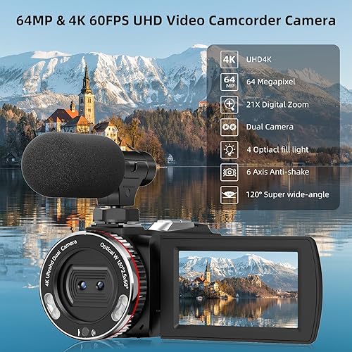 Videocamera 4K, 64 MP, 60 FPS, con microfono wireless per YouTube, schermo flip ultra HD da 3 pollici, zoom digitale 21x, con scheda SD da 64 GB, telecomando e 2 batterie - Fashionser