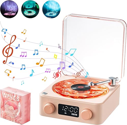 Waves - Altoparlante in vinile, giradischi Bluetooth con luce RGB e effetto onde d'acqua, 3 modalità stereo, aiuto per il sonno con 4 suoni della natura (rosa) - Fashionser