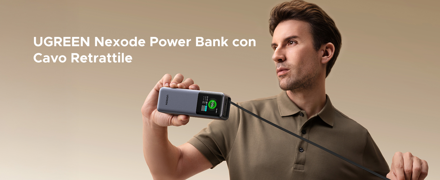 Il testo recita «UGBSN Netcefa Power Bank con Cavo Retrattile». Foto del prodotto che mostra il dispositivo power bank sostenuto su uno sfondo neutro.