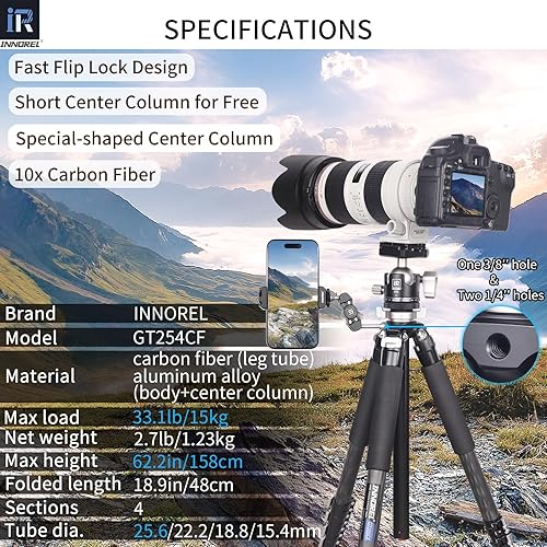 INNOREL Treppiede in fibra di carbonio GT254CF Treppiede portatile compatto professionale per fotocamera digitale DSLR Supporto per fotocamera da viaggio con colonna centrale a forma speciale Tubo da - Fashionser