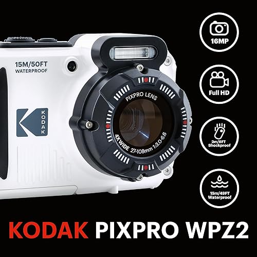 KODAK Pixpro Pack WPZ2 + 1 Scheda SD, Fotocamera Digitale Compatta 16M Pixel, Impermeabile fino a 15m, Antiurto, Video 720p, Schermo LCD 2,7 - Batteria Li-ION - Bianco - Fashionser