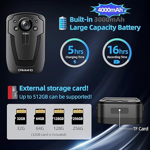 CAMMHD C8-128G Body Cam Polizia 1296P/2K Videocamera con Registrazione Audio e Video Smart Night Vision 3600mAh Bodycam della Polizia Telecamera di Sicurezza Indossabile - Fashionser