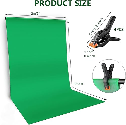 Sfondo Fotografico, 3 x 2 M Green Screen, Sfondo Fotografico Verde, Telo Sfondi Fotografic, Con 4 x Morsetti a Molla, Sfondi Fotografici Pieghevole di Materiale 100% poliestere per Video e Televisione - Fashionser