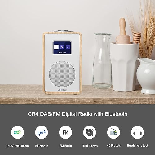 LEMEGA Radio digitale CR4 DAB/DAB+ e FM, altoparlante Bluetooth, radio DAB, doppia sveglia, timer cucina/sonno/snooze, display a colori, jack per cuffie, effetto legno, funzionamento a rete – bianco - Fashionser
