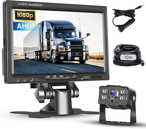 Telecamera Posteriore Auto con 7' Monitor IPS e Telecamera AHD, Visione Notturna IR Impermeabile IP68 Telecamera per Retromarcia Cavo 4 Pin 10 m per Camion/Rimorchio/Autobus/Furgone(9-36V) - Fashionser