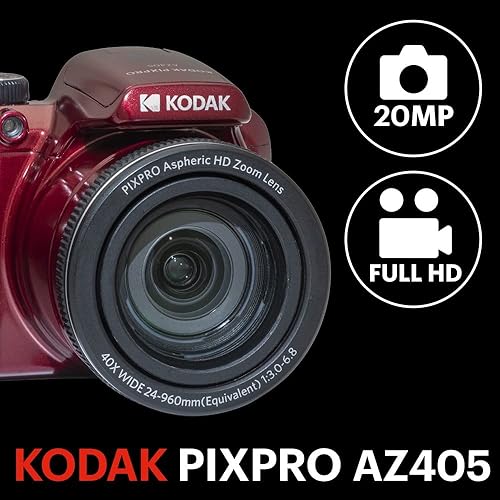 KODAK Pixpro Astro Zoom AZ405 - Fotocamera Digitale Bridge, Zoom 40X, Obiettivo Grandangolare 24 mm, 20 Megapixel, LCD 3, Video Full HD 1080p, OIS, Batterie AA - Rosso - Fashionser