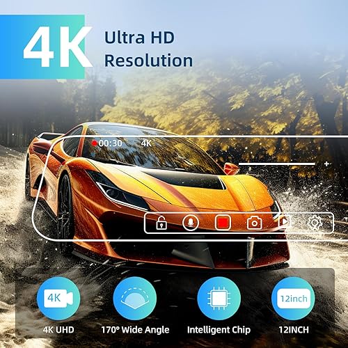 Specchietto retrovisore con telecamera inversa 4K da 12 pollici con touchscreen - Dash Cam Specchietto con Carplay senza fili e Android Auto - WiFi G-Senor Registrazione in loop FM + scheda TF da 64 G - Fashionser