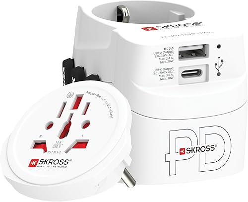 SKROSS - PRO Light USB AC30PD - World - Adattatore da Viaggio Universale 3 Poli per il Mondo con Caricatore USB PD a Ricarica Rapida (1 x USB C 3A + 1 x USB 2,4A) - Potenza: 110V – 700W / 250V – 1750W - Fashionser