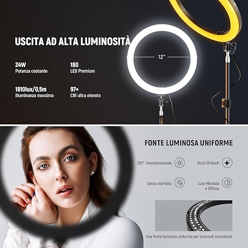 NEEWER 12' LED Ring Light per Telefono ad Alta Potenza da 24W + Stativo 71', Bicolore 2900K-7000K, Ingresso PD USB C, CRI97+ 1810lux/0,5m 12 Scene per Trucco Streaming Live Chiamate Zoom TikTok, RH12B - Fashionser