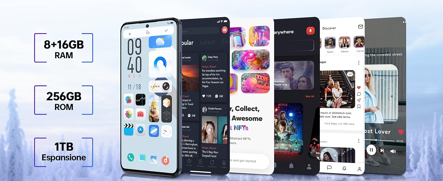 Diversi schermi per smartphone che mostrano varie interfacce di app, con specifiche di archiviazione espandibile da 8+16 GB di RAM, 256 GB di ROM e 1 TB di memoria espandibile. I dispositivi presentano layout di applicazioni