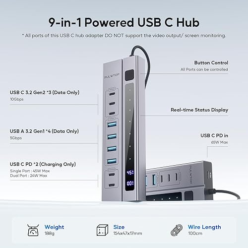 PULWTOP Hub USB C Alimentato, Hub USB 3.2 con Alimentazione PD-in 65 W, 3 porte USB-C 10 Gbps, 4 porte USB-A 5 Gbps e 2 porte di ricarica USB-C PD da 24/45 W Hub USB per laptop, tablet MacBook - Fashionser