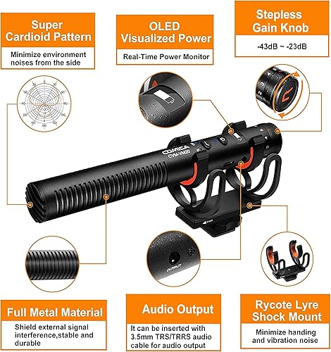 COMICA VM20 Microfono a Fucile con Display OLED Power, Microfono Video Direzionale Super Cardioide per DSLR Canon Nikon Sony e Smartphone (Interfaccia da 3,5 mm) - Fashionser