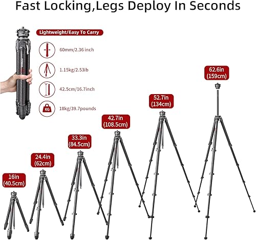 COMAN Zero F38 Carbon Fibre Camera Tripod with 360° Panoramic Ball Head and F38 Video Tripod for All DSRL Cameras, Tripod Lightweight with 15.3-156.7cm Height, Centre Column, carico massimo 18kg - Fashionser