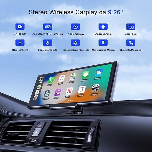 Avylet 4K Carplay Android Auto Wireless, 9.26' schermo per auto, Telecamera di Retromarcia 1080P, GPS, Ricevitori Audio per Auto, Mirror Link, Controllo Vocale, FM/Bluetooth, Con Scheda 64GB - Fashionser