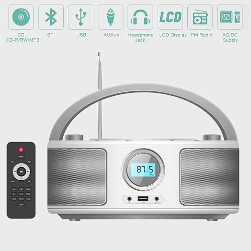 Radio Portatili Boombox con Bluetooth, Telecomando, Lettore CD Stereo con Radio FM, Ingresso Blue Tooth, USB, AUX-IN,Compatibile CD-R/CD-RW,AC o Alimentato a Batteria - Fashionser