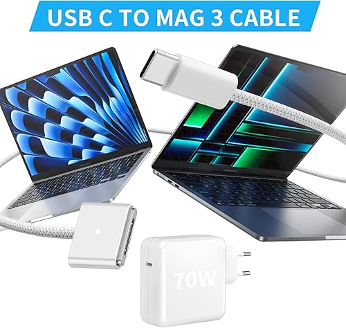 Caricatore Mac Book Air/Pro, 70W M3 Caricabatterie Mac Book con Cavo Intrecciato USB-C su Mag 3 da 2M, per MacBook Air 13, 15 Pollici (2022~2024), MacBook Pro 14, 16 Pollici (2021~2024), M4/M3/M2 - Fashionser